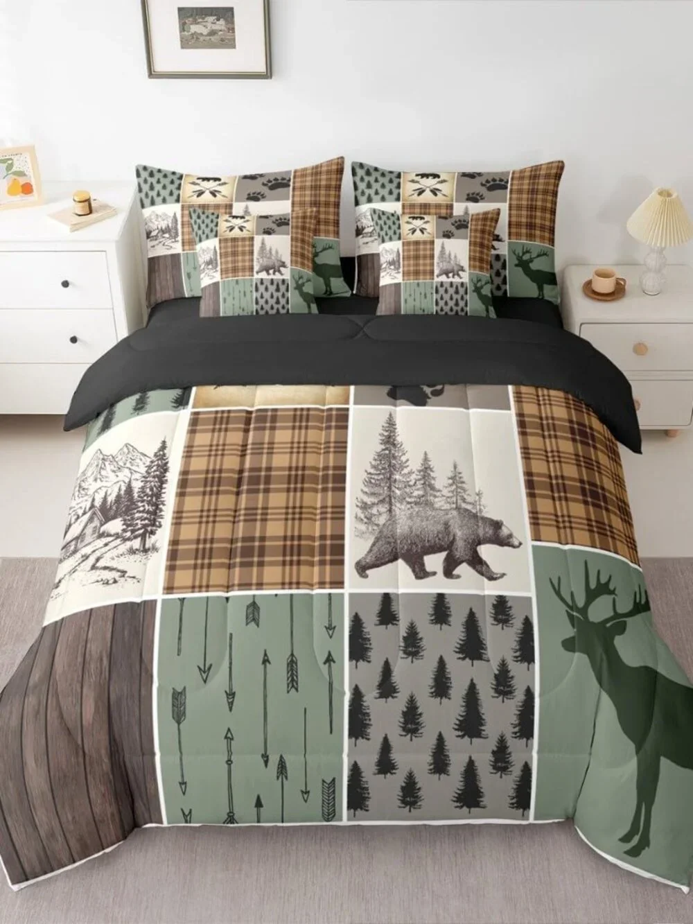 Bear Comforter Full Size, Rustic Cabin Lodge Fitted Sheet 7 Pieces for Kids Boys